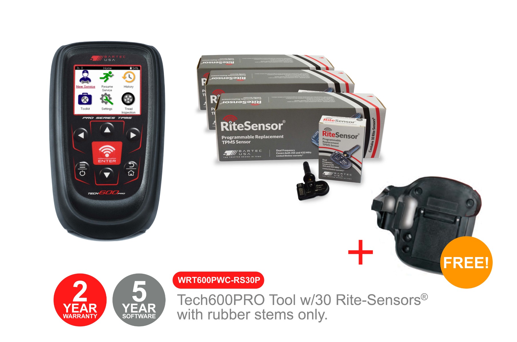 Tech600PRO Tool w/30 Rite-Sensors® with rubber stems only. 2-Year warranty and 5-Years Software with FREE Wireless Wall Mount Charger. Tech600PRO Tool w/30 Rite-Sensors® with rubber stems only. 2-Year warranty and 5-Years Software with FREE Wireless Wall Mount Charger.