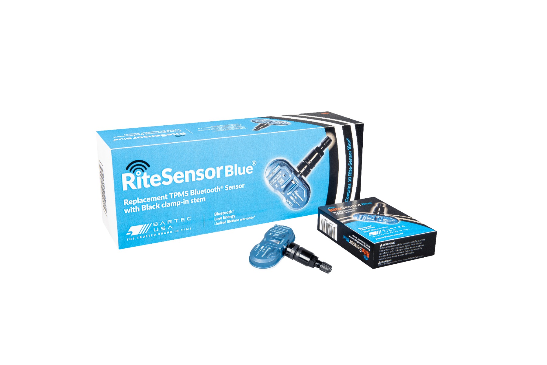 RITE-SENSOR Blue - TPMS Sensor for Bluetooth TPMS w/Black Aluminum clamp-in valve stem, box of 10 RITE-SENSOR Blue - TPMS Sensor for Bluetooth TPMS w/Black Aluminum clamp-in valve stem, box of 10