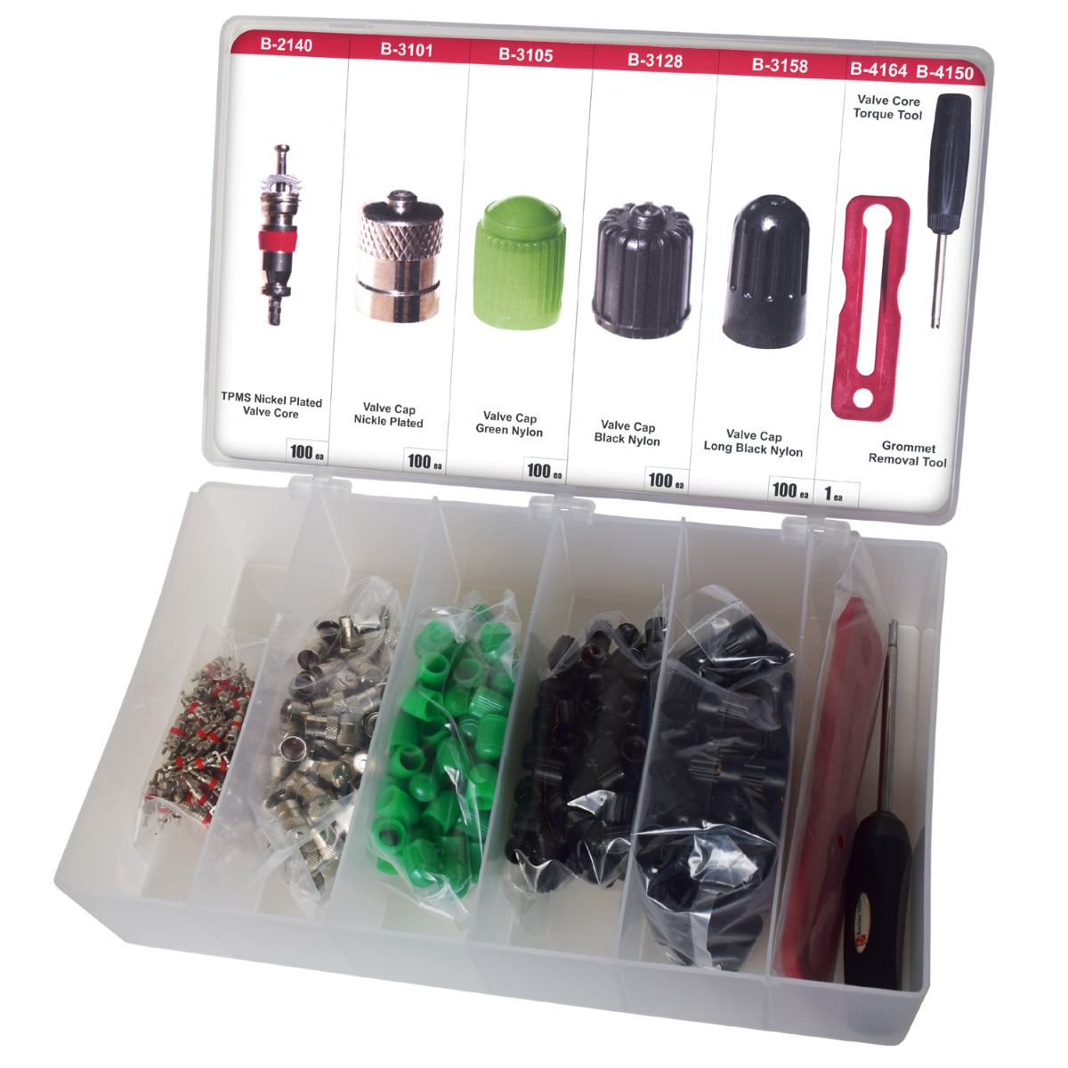 Valve Cap and Valve Core Assortment Kit, 500 pieces plus one valve core torque tool and one grommet tool Valve Cap and Valve Core Assortment Kit, 500 pieces plus one valve core torque tool and one grommet tool