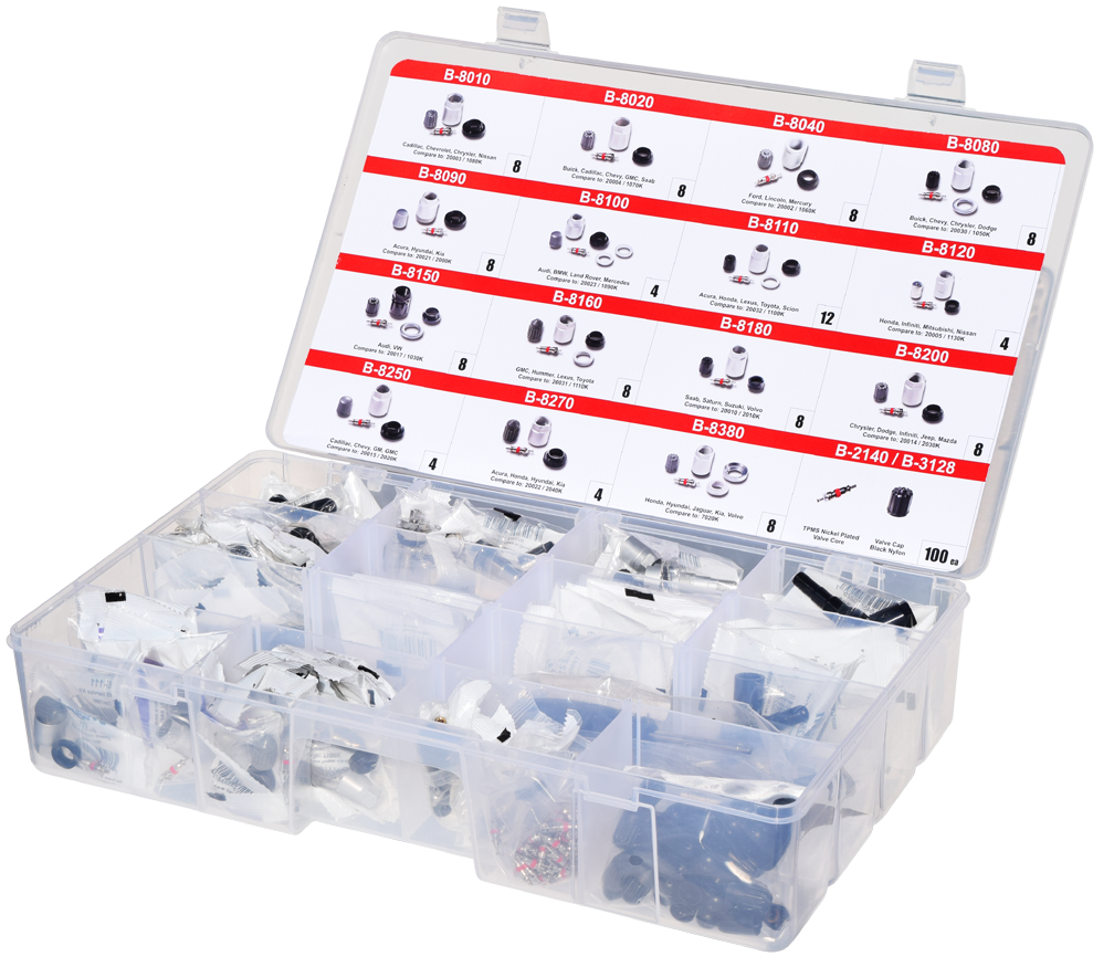 TPMS Service Repair Kit Assortment Tackle Box - 15 part numbers for 108 pieces, plus 100 valve caps and 100 valve cores TPMS Service Repair Kit Assortment Tackle Box - 15 part numbers for 108 pieces, plus 100 valve caps and 100 valve cores