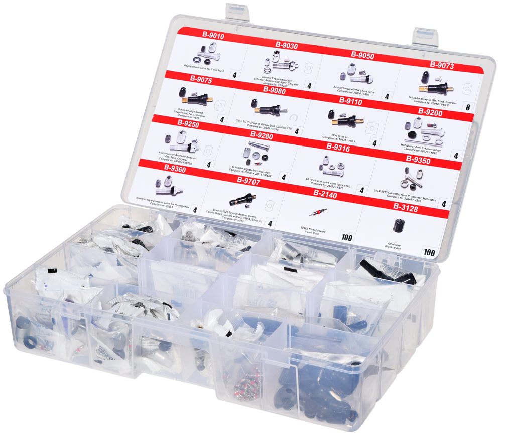 TPMS Service Repair Kit Valve Stem Assortment Tackle Box - 14 part numbers for 60 pieces, plus 100 valve caps and 100 valve cores TPMS Service Repair Kit Valve Stem Assortment Tackle Box - 14 part numbers for 60 pieces, plus 100 valve caps and 100 valve cores